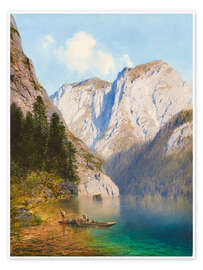 Wandbild Fischer im Nachen am Ufer eines Gebirgssees - Karl Millner