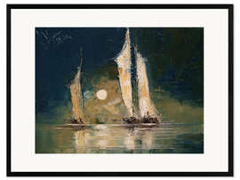 Gerahmter Kunstdruck Mond und Boote