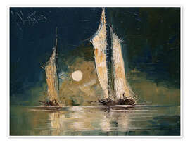 Wandbild Mond und Boote - Justyna Kopania