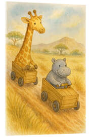 Acrylglasbild Giraffen- und Nilpferdrennen in hölzernen Rennwagen - Natalie Bruns