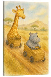 Leinwandbild Giraffen- und Nilpferdrennen in hölzernen Rennwagen - Natalie Bruns