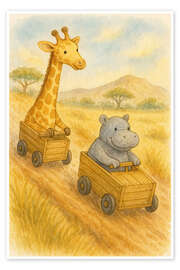 Wandbild Giraffen- und Nilpferdrennen in hölzernen Rennwagen - Natalie Bruns