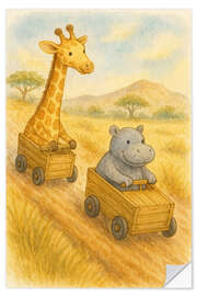 Wandsticker Giraffen- und Nilpferdrennen in hölzernen Rennwagen - Natalie Bruns