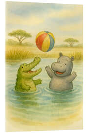 Acrylglasbild Nilpferd und Krokodil spielen mit Ball - Natalie Bruns
