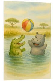 Hartschaumbild Nilpferd und Krokodil spielen mit Ball - Natalie Bruns