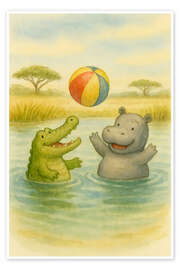 Wandbild Nilpferd und Krokodil spielen mit Ball - Natalie Bruns