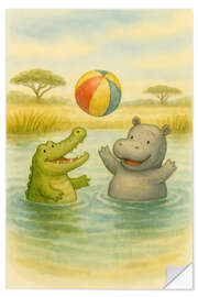 Wandsticker Nilpferd und Krokodil spielen mit Ball - Natalie Bruns