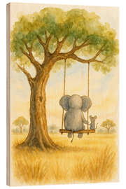 Holzbild Elefant und Maus auf einer Schaukel