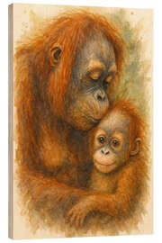 Holzbild Orang-Utan-Mutter küsst ihr Baby
