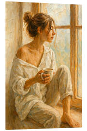 Acrylglasbild Frau mit Kaffee sitzt am Fenster