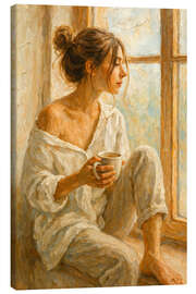 Leinwandbild Frau mit Kaffee sitzt am Fenster