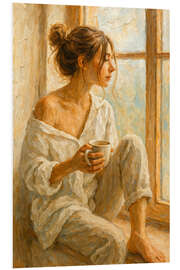 Hartschaumbild Frau mit Kaffee sitzt am Fenster