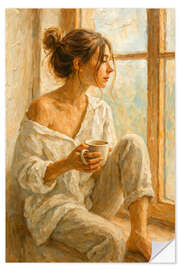 Wandsticker Frau mit Kaffee sitzt am Fenster