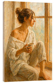 Holzbild Frau mit Kaffee sitzt am Fenster
