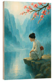 Holzbild Frau im Kimono am Bergsee