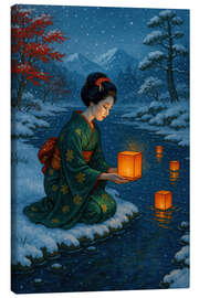 Leinwandbild Frau im Kimono mit Laternen auf verschneiten Fluss