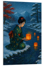 Gallery Print Frau im Kimono mit Laternen auf verschneiten Fluss