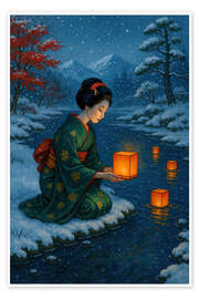 Wandbild Frau im Kimono mit Laternen auf verschneiten Fluss - Natalie Bruns