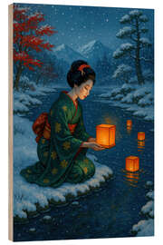 Holzbild Frau im Kimono mit Laternen auf verschneiten Fluss