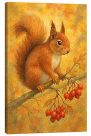 Leinwandbild Eichhörnchen auf Ast mit roten Beeren