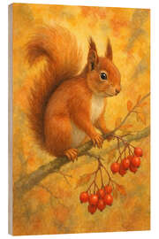 Holzbild Eichhörnchen auf Ast mit roten Beeren