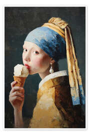 Poster Mädchen mit Perlenohrring und Eis