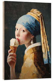Holzbild Mädchen mit Perlenohrring und Eis