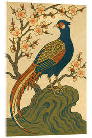 Acrylglasbild Japanischer Fasan auf Felsen mit Pflaumenblüten