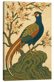 Leinwandbild Japanischer Fasan auf Felsen mit Pflaumenblüten