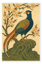 Wandbild Japanischer Fasan auf Felsen mit Pflaumenblüten - Natalie Bruns
