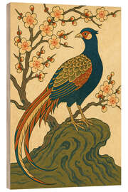 Holzbild Japanischer Fasan auf Felsen mit Pflaumenblüten