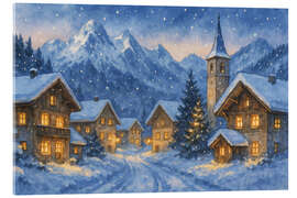 Acrylglasbild Verschneites Winterdorf in den Alpen bei Nacht - Natalie Bruns