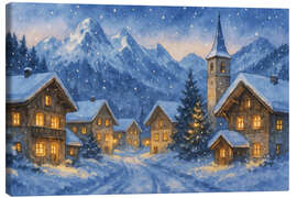 Leinwandbild Verschneites Winterdorf in den Alpen bei Nacht - Natalie Bruns