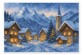 Wandbild Verschneites Winterdorf in den Alpen bei Nacht - Natalie Bruns