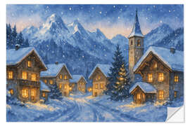 Wandsticker Verschneites Winterdorf in den Alpen bei Nacht - Natalie Bruns
