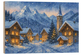 Holzbild Verschneites Winterdorf in den Alpen bei Nacht