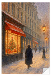 Wandsticker Weihnachtsabend in verschneiten Stadtstraßen
