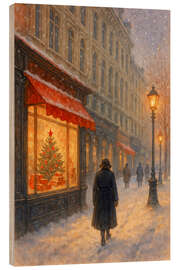 Holzbild Weihnachtsabend in verschneiten Stadtstraßen