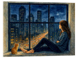 Acrylglasbild Frau und Katze betrachten die Lichter der Stadt - Natalie Bruns