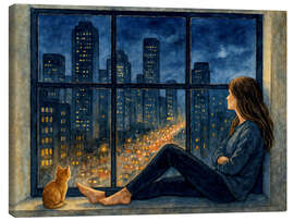 Leinwandbild Frau und Katze betrachten die Lichter der Stadt - Natalie Bruns