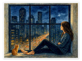 Wandbild Frau und Katze betrachten die Lichter der Stadt - Natalie Bruns