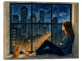 Holzbild Frau und Katze betrachten die Lichter der Stadt - Natalie Bruns