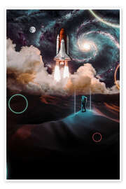 Wandbild Astronaut allein in der Wüste beim Raketenstart - Gen Z