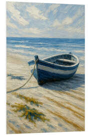 Hartschaumbild Blaues Fischerboot am Sandstrand