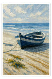 Wandbild Blaues Fischerboot am Sandstrand - Natalie Bruns