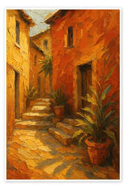 Wandbild Sonnige mediterrane Straße mit Steinhäusern - Natalie Bruns