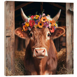 Holzbild Blumengeschmückte Kuh