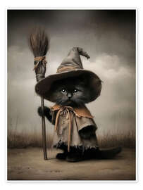 Poster Halloween Hexenkatze mit Besen
