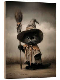 Holzbild Halloween Hexenkatze mit Besen - TAlex