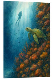 Acrylglasbild Taucher mit Meeresschildkröte am Korallenriff